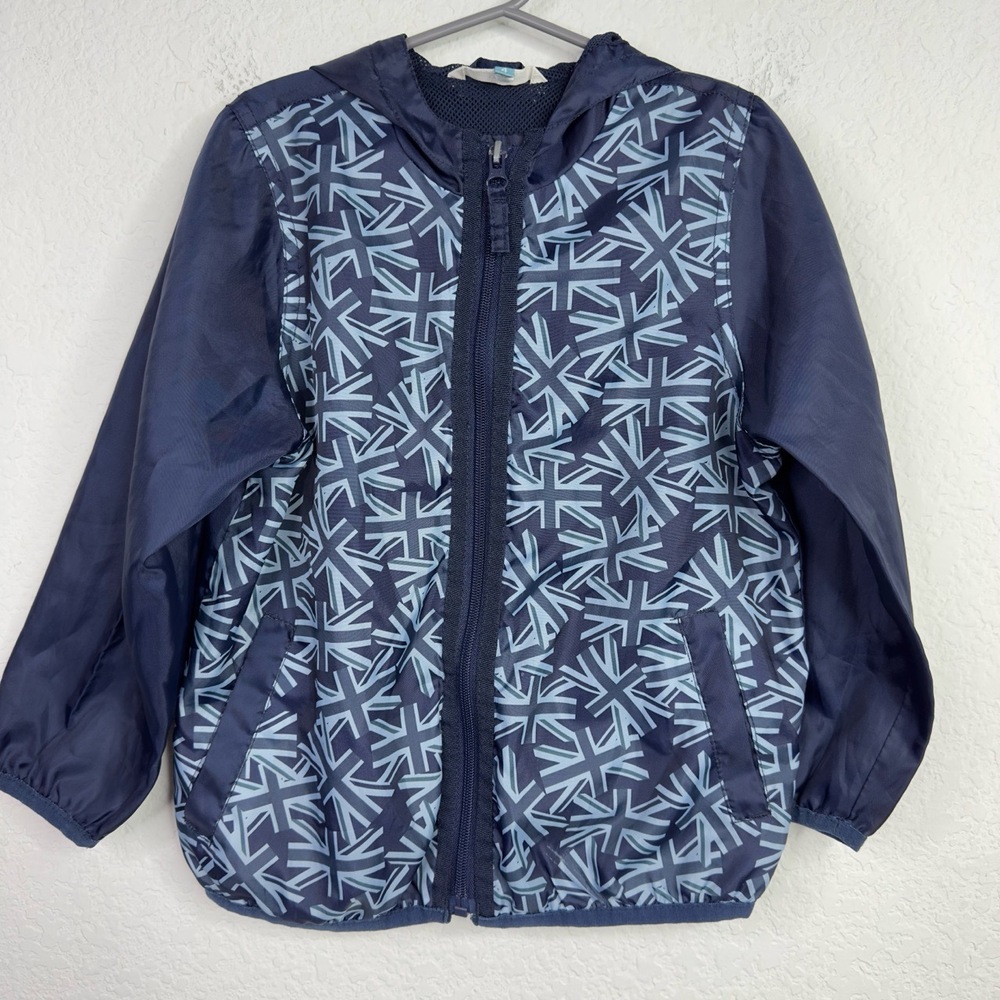 John Lewis Jacket Boys‎ 4 Blue Hooded Zip Geometric UK Flag Outdoor Windbreaker